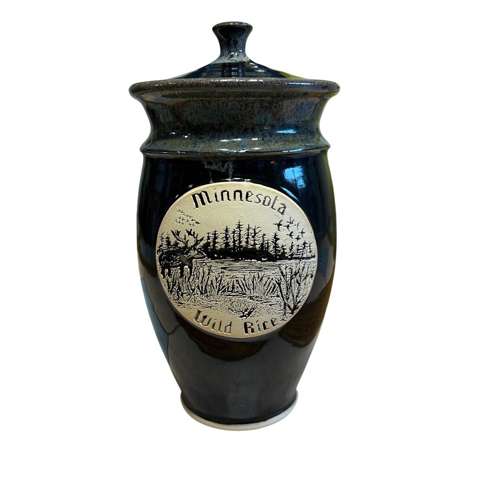 John Deneen Studio Pottery Canister 8.5" Blue Minnesota Wild Rice Moose Decor